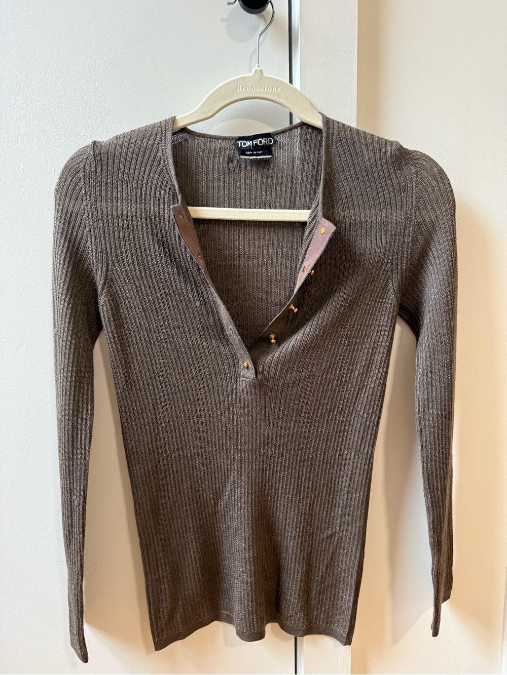 Tom Ford Brown/Grey Ribbed Long-Sleeve Snap Placket Top - Picture 1 of 4